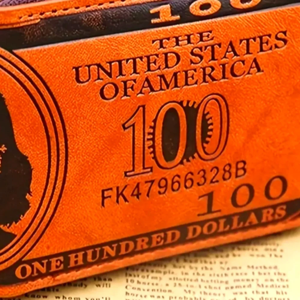 BROWN LEATHER $100 BILL EMBOSSED WALLET ZIP AROUND HOLDS MANY ITEMS RFID PROTECT